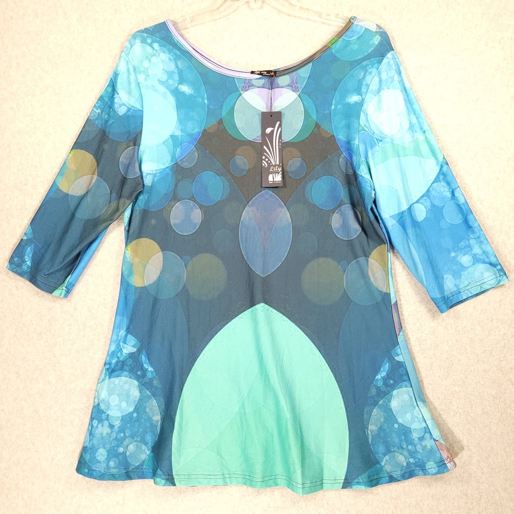 Lily by Firmiana Tunic Womens 1X 3/4 Sleeve Circles Blues Green Gold
